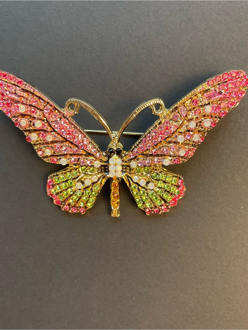 Large Multicolor Rhinestone Butterfly Brooch Pink Green GoldTone 3”